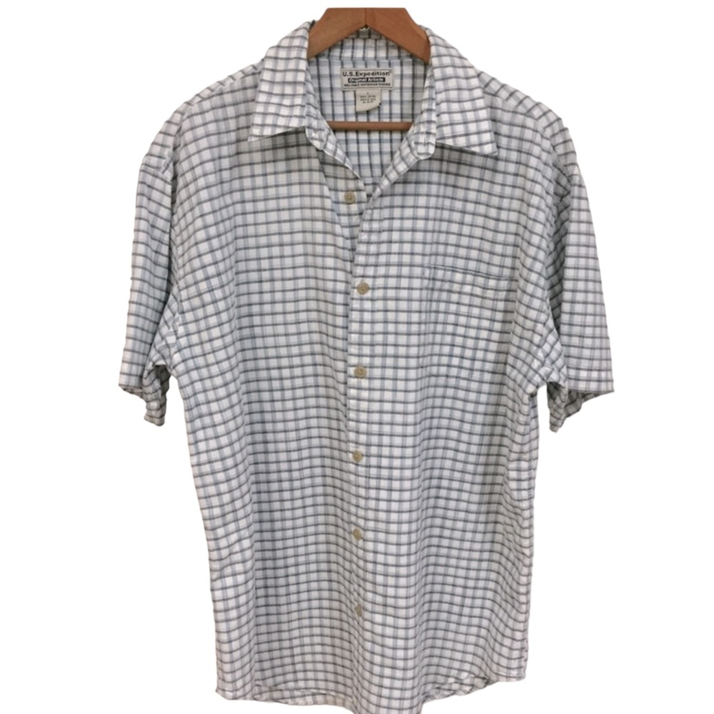 U.S EXPEDITION sz Large Shirt Plaid Short Sleeves Button Front Cotton Blue White